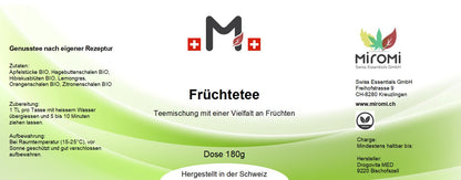 MIROMI Früchtetee, 180 g: Etikett mit Produktangaben.