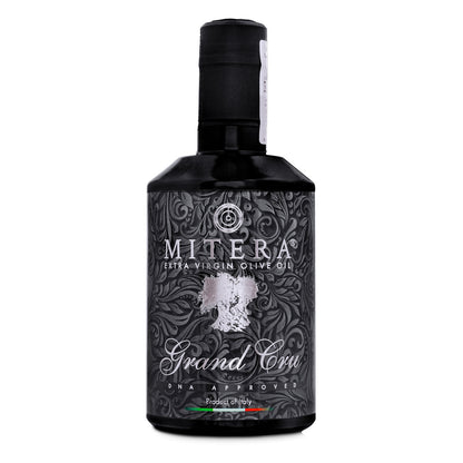 MITERA Grand Cru, 500 ml: bottiglia scura di olio d’oliva vista frontale.