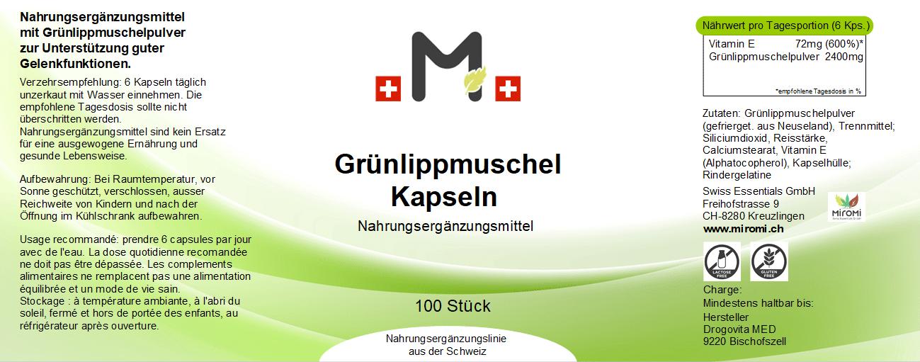 Grünlippmuschel Kapseln - MIROMI - Swiss Essentials GmbH