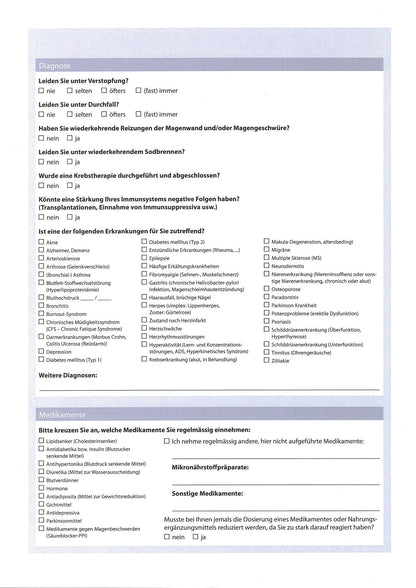 HCK Mikronährstoffe: Fragebogenseite zu Beschwerden und Gesundheit.