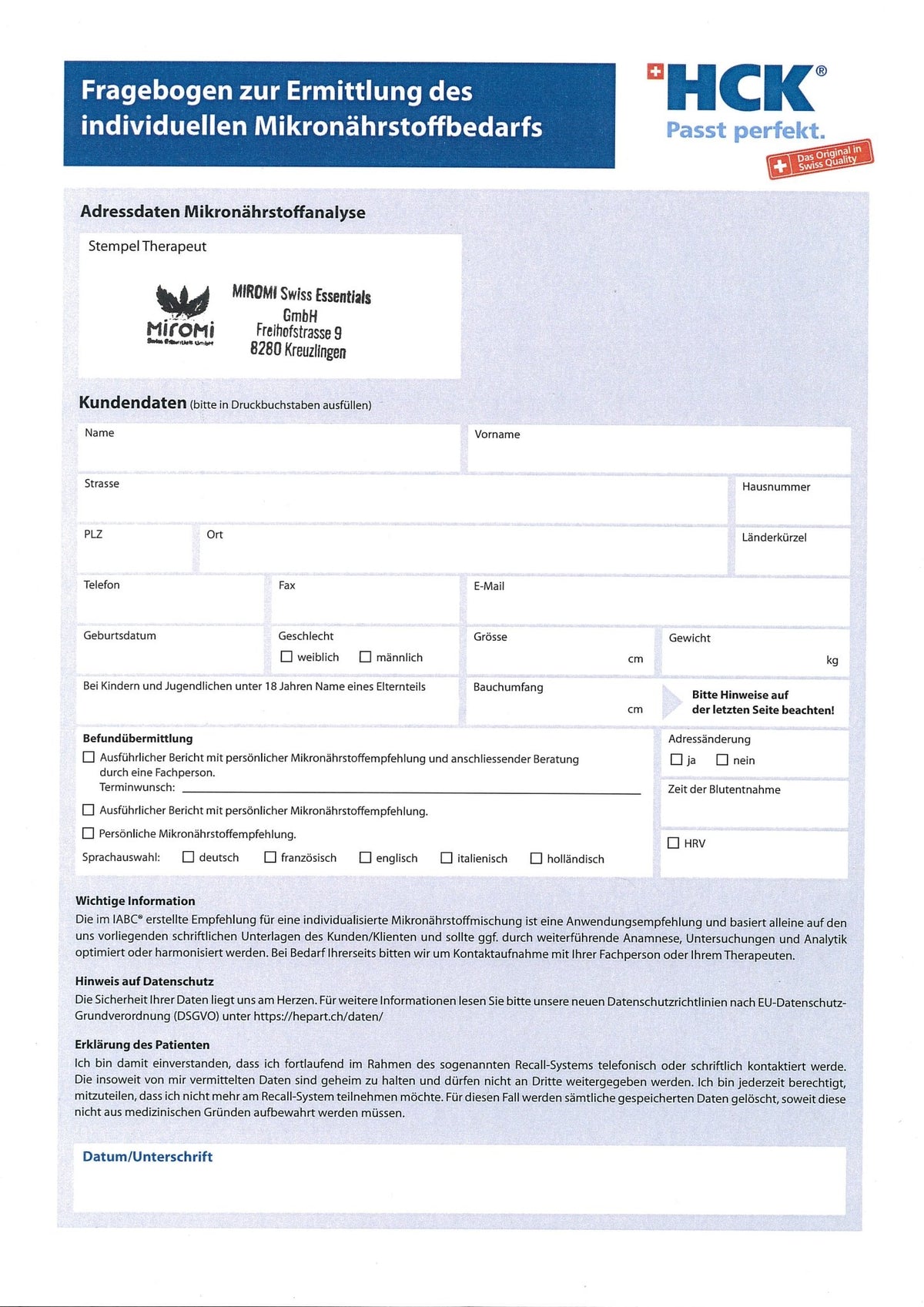 HCK Mikronährstoffe: Fragebogenseite für persönliche Angaben.