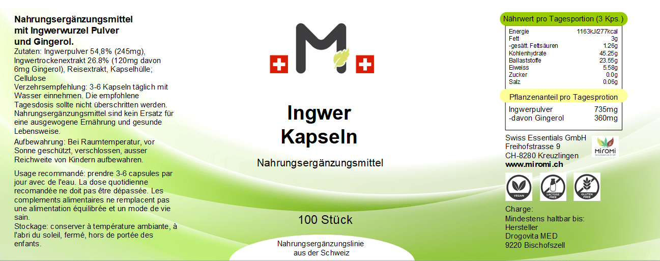 Ingwer Kapseln - MIROMI - Swiss Essentials GmbH