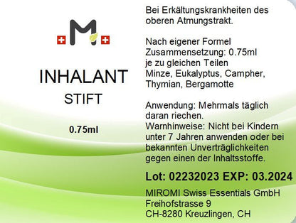 MIROMI Inhalant Stift, 0,75 ml: Etikett mit Produktangaben.