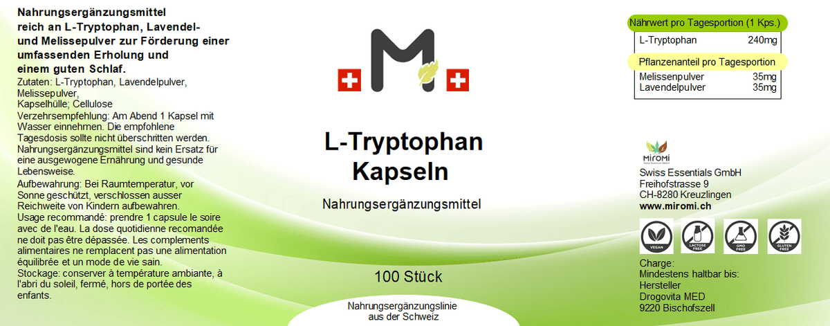 MIROMI L-Tryptophan, 100 Stk.: Etikett mit Produktangaben.