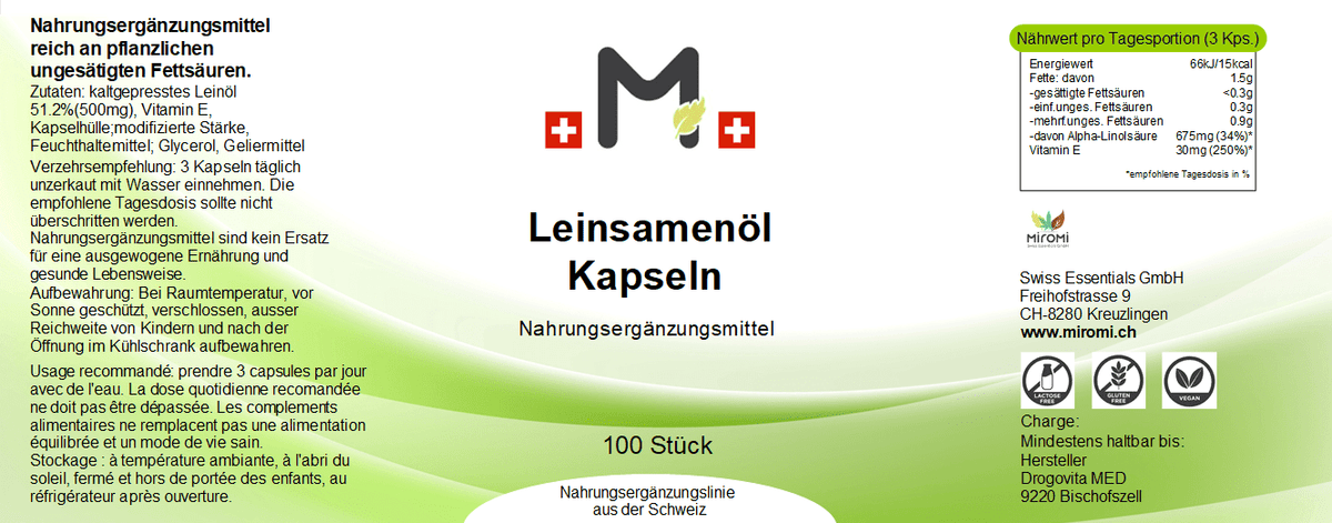 MIROMI Leinsamenöl, 100 Stk.: Etikett mit Produktangaben.