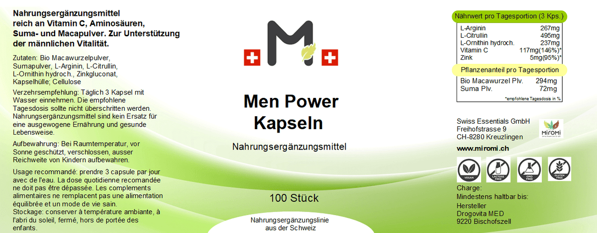 MIROMI Men Power, 100 Stk.: Etikett mit Produktangaben.