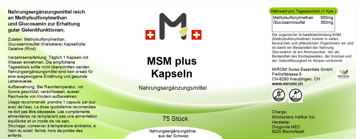 MIROMI MSM plus, 75 Stk.: Etikett mit Produktangaben.