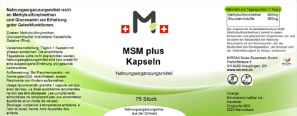 MIROMI MSM plus, 75 Stk.: Etikett mit Produktangaben.