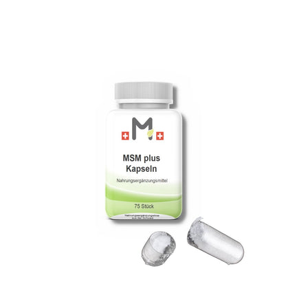 MIROMI MSM plus, 75 Stk.: geöffnete weisse Dose neben Kapseln.