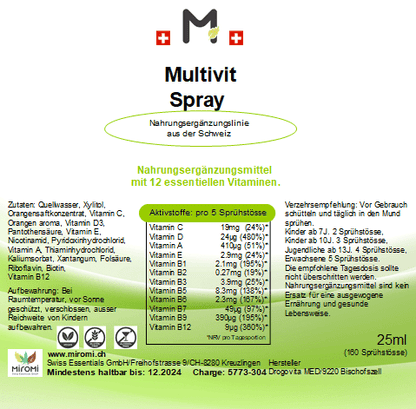 MIROMI Multivit Spray, 25 ml: Etikett mit Produktangaben.