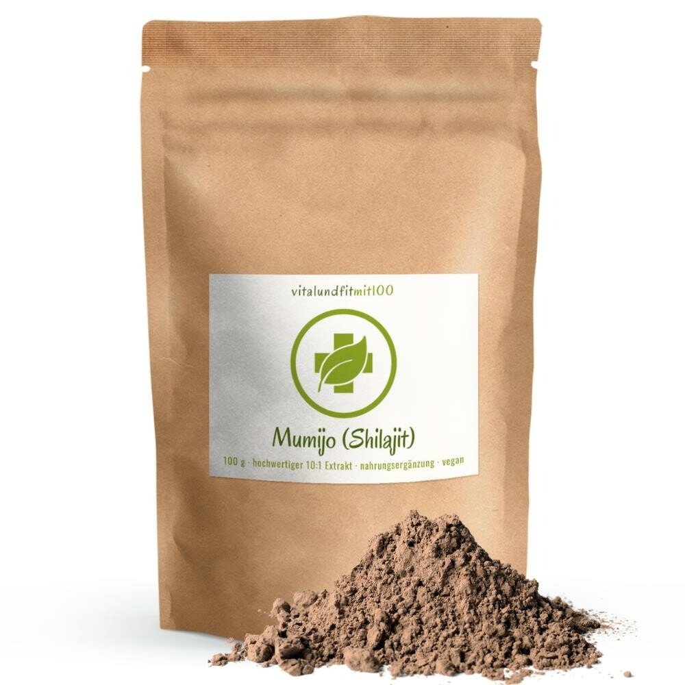 Mumijo Shilajit 10-1, 100 g: brauner Beutel neben braunem Pulver.