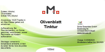 MIROMI Olivenblatt Tinktur, 100 ml: Etikett mit Produktangaben.
