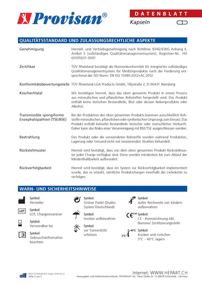 Provisan Detox: Datenblatt mit Produktinformationen.
