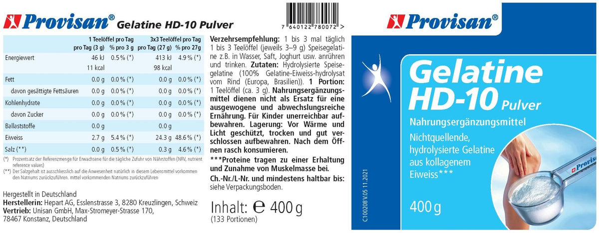 Provisan Gelatine HD-10, 400 g: Etikett mit Produktangaben.