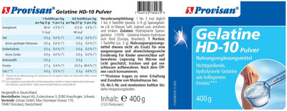 Provisan Gelatine HD-10, 400 g: Etikett mit Produktangaben.