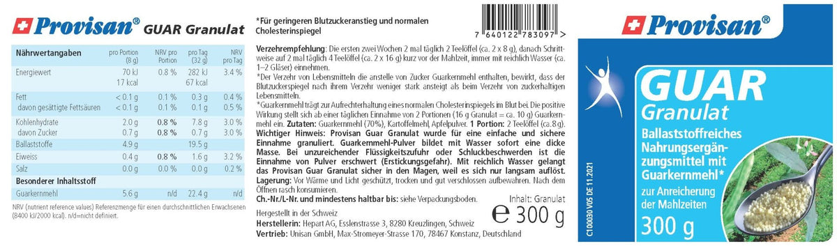 Provisan Guar, 300 g: Etikett mit Produktangaben.