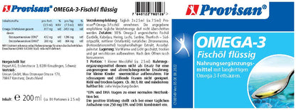 Provisan Omega-3, 200 ml: Etikett mit Produktangaben.