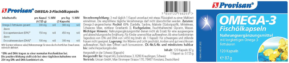 Provisan Omega-3: Etikett mit Produktangaben.