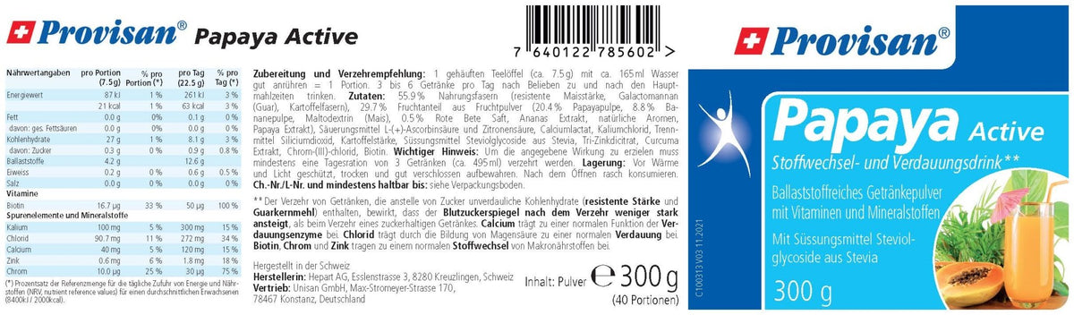 Provisan Papaya Active, 300 g: Etikett mit Produktangaben.