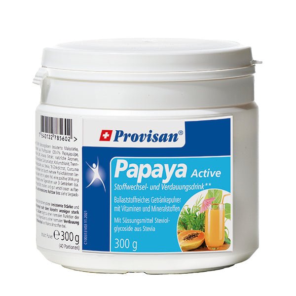 Provisan Papaya Active, 300 g: weisse Dose mit blauem Produktetikett.