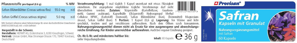 Provisan Safran, 60 Stk.: Etikett mit Produktangaben.