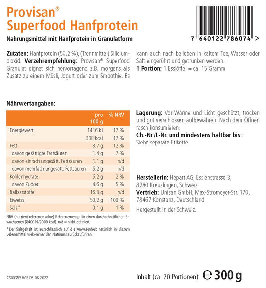 PROVISAN SUPERFOOD HANFPROTEIN - MIROMI - Swiss Essentials GmbH