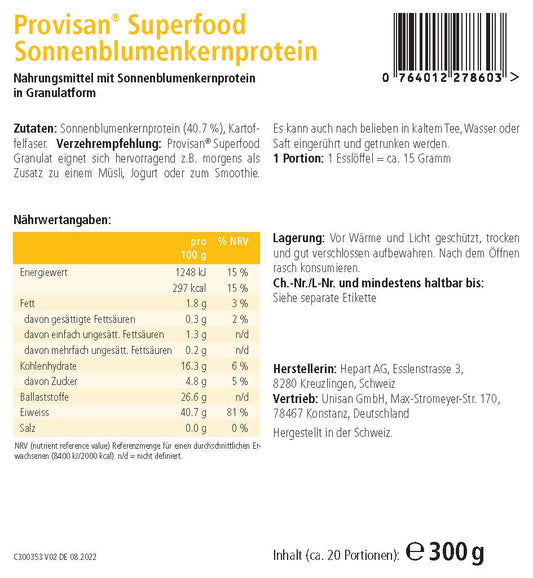 PROVISAN SUPERFOOD SONNENBLUMENKERNPROTEIN - MIROMI - Swiss Essentials GmbH