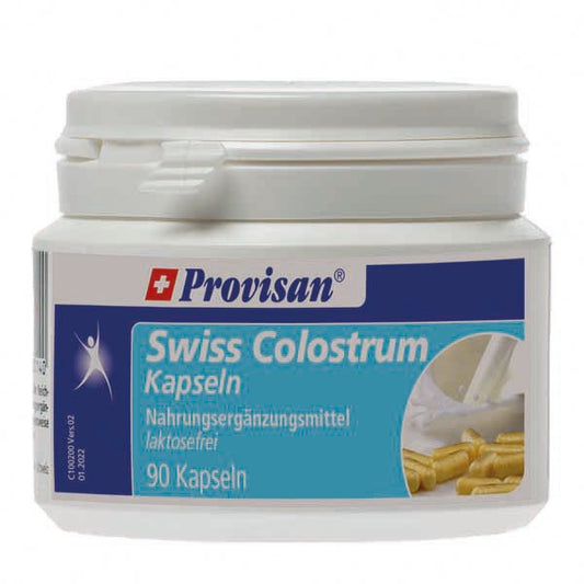 Provisan Swiss Colostrum, 90 capsules: white container with blue product label.