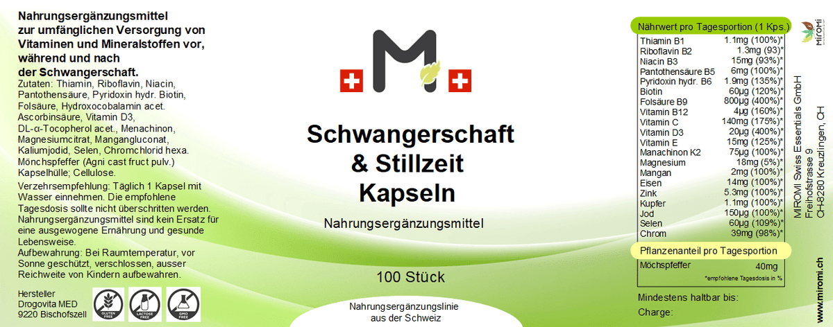 MIROMI Schwangerschaft Stillzeit, 100 Stk.: Etikett mit Produktangaben.