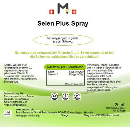 MIROMI Selen Plus Spray, 25 ml: Etikett mit Produktangaben.