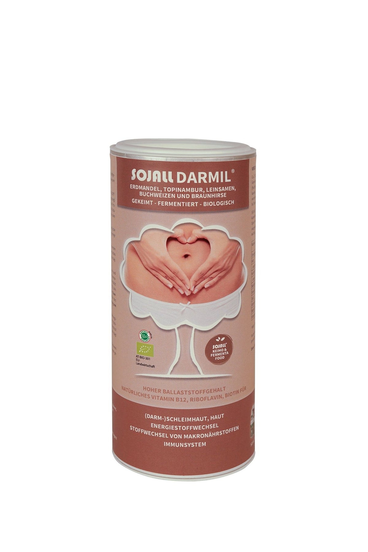 SOJALL Darmil: zylindrische Produktdose in Vorderansicht.