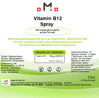 MIROMI Vitamin B12 Spray, 25 ml: Etikett mit Produktangaben.