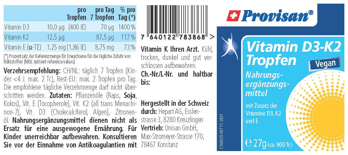 Provisan Vitamin D3-K2: Etikett mit Produktangaben.
