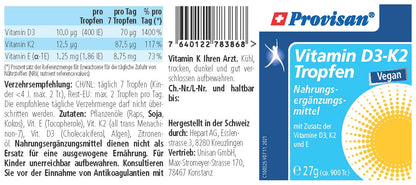 Provisan Vitamin D3-K2: Etikett mit Produktangaben.