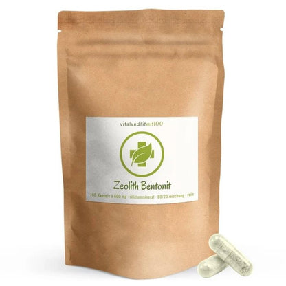 Zeolith Bentonit, 100 Stk.: brauner Beutel neben Kapseln.